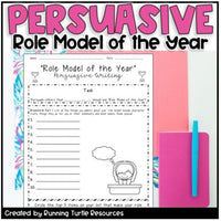 Promotional image for a persuasive writing template role model activity, featuring the text 'Persuasive Pole Model of the Year' and an illustration of a cartoon turtle, with pencils and a notebook in the background.