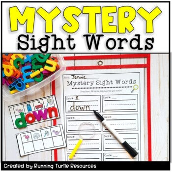 Photograph of Mystery Sight Words cards and recording page with lowercase magnet letters.
