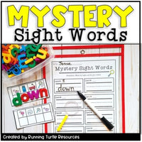 Photograph of Mystery Sight Words cards and recording page with lowercase magnet letters.