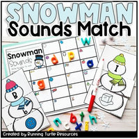 Literacy center display featuring a snowman-themed puzzle pieces with letters and a recording page, created by Running Turtle Resources.