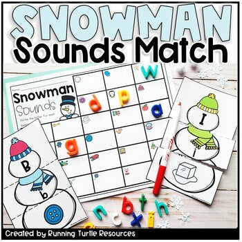 Literacy center display featuring a snowman-themed puzzle pieces with letters and a recording page, created by Running Turtle Resources.