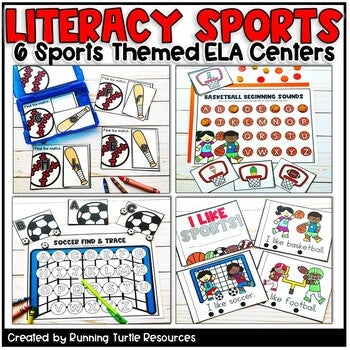 Promotional image of 6 literacy centers including letter match, letter trace and emergent readers.