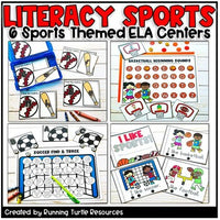 Promotional image of 6 literacy centers including letter match, letter trace and emergent readers.
