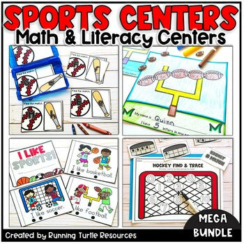 A collection of sports-themed educational centers and activities for preschool and kindergarten, including math and literacy tasks with sports equipment and themed crafts.