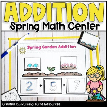 Photograph of an Addition Mat for Kindergarten with pictures of 2 mushrooms and 5 flowers and a number sentence that reads 2+5=7