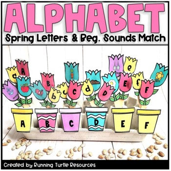 Photograph of an upside down egg carton with illustrations of flowers glued on popsicle sticks. Each flower has a letter on it to correspond with the colorful flower pots with letters on them.