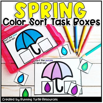 Photo of task cards with colorful umbrellas with matching colored raindrops.