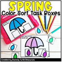 Photo of task cards with colorful umbrellas with matching colored raindrops.