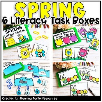 A set of spring-themed literacy task boxes with various cards and tasks designed for kindergarten education, presented on a table with decorative elements.