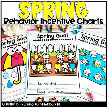 A collection of colorful spring-themed behavior incentive charts for classroom management, featuring illustrations such as flowers, frogs, and eggs.