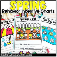 A collection of colorful spring-themed behavior incentive charts for classroom management, featuring illustrations such as flowers, frogs, and eggs.