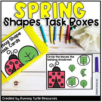 A set of Spring Shapes Sorting Task Boxes with various shapes like a ladybug, raindrop, flower, and bunny carrot, along with clip cards and a purple pen.