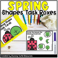 A set of Spring Shapes Sorting Task Boxes with various shapes like a ladybug, raindrop, flower, and bunny carrot, along with clip cards and a purple pen.