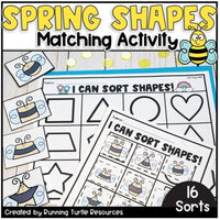A colorful educational activity book titled 'Spring Shapes Match' with various shapes and a bumble bee illustration, created by Running Turtle Resources.