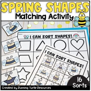 A colorful educational activity book titled 'Spring Shapes Match' with various shapes and a bumble bee illustration, created by Running Turtle Resources.