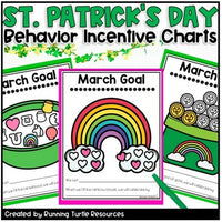 Three printable incentive charts for classroom management, labeled as 'St. Patrick's Day Behavior Incentive Chart', featuring colorful graphics of a rainbow, pot of gold, and cereal bowl.