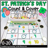 A set of St. Patrick's Day themed number match task cards displayed on a table, with various colorful counters and numbered cards, alongside a '0-20' number mat.