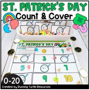 A set of St. Patrick's Day themed number match task cards displayed on a table, with various colorful counters and numbered cards, alongside a '0-20' number mat.