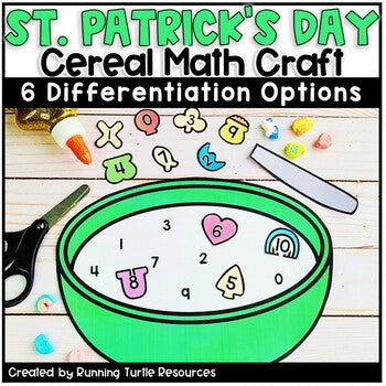 Promotional image for a St. Patrick's Day themed math craft, featuring a green cereal bowl with colorful numbered cereal pieces and editing tools like scissors and a pen.