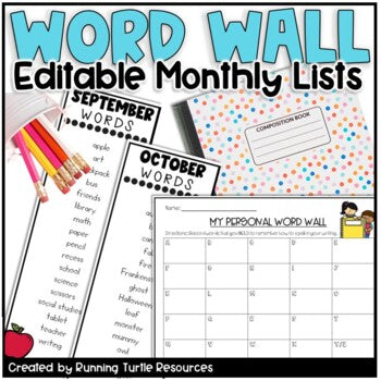 Promotional Image of a personal word wall, September Word List, October Word List, etc.
