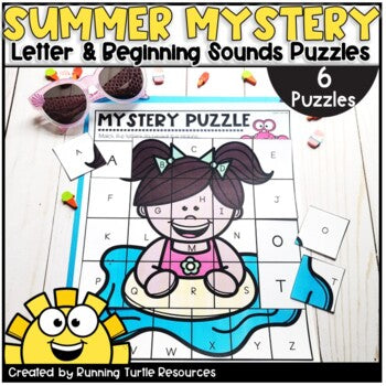 Promotional image of an alphabet puzzle with a picture of a girl in a tube in water.