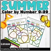 Promotional image for 'Summer Color by Number Editable', featuring two editable coloring templates with numbers and crayons on a wooden table background.