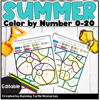 Promotional image for 'Summer Color by Number Editable', featuring two editable coloring templates with numbers and crayons on a wooden table background.