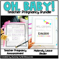 Promotional image for a Teacher Pregnancy Announcement and Maternity Leave BUNDLE, showcasing a sample teacher's pregnancy announcement and a maternity leave binder cover.