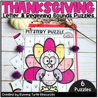 A set of six Thanksgiving themed mystery puzzles with letters and beginning sounds, with a turkey and pumpkin design, designed for educational use.