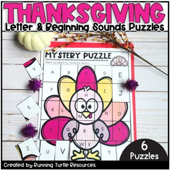 A set of six Thanksgiving themed mystery puzzles with letters and beginning sounds, with a turkey and pumpkin design, designed for educational use.