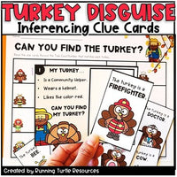 A set of colorful educational task cards and matching game cards featuring turkey-themed disguises, with the text 'Turkey Disguise Inferring Clue Cards' and 'Can you find the turkey?'.