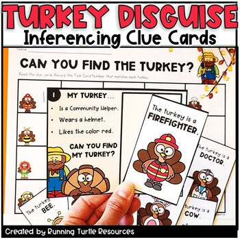 A set of colorful educational task cards and matching game cards featuring turkey-themed disguises, with the text 'Turkey Disguise Inferring Clue Cards' and 'Can you find the turkey?'.