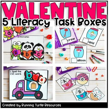 Promotional images of beginning sound cards, donut letter match and CVC building for Kindergarten