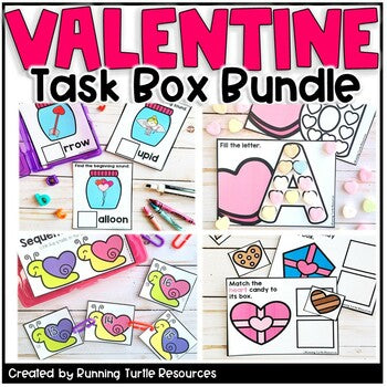 A collection of Valentine's Day themed educational task cards and boxes designed for kindergarten and elementary school literacy and math activities, with a variety of colorful graphics and text.