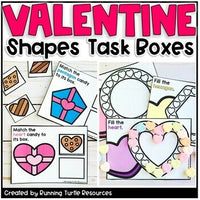 Promotional image of Valentines Day Shapes Task Boxes including candy heart shape formation, shape matching, etc.