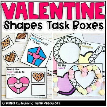 Promotional image of Valentines Day Shapes Task Boxes including candy heart shape formation, shape matching, etc.