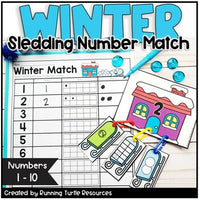 A set of winter-themed math activities including number match sleds and a recording sheet, with the text 'WINTER SLEDING NUMBER MATCH' and 'Numbers 1-10' visible.