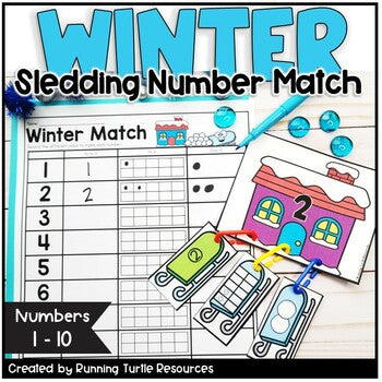 A set of winter-themed math activities including number match sleds and a recording sheet, with the text 'WINTER SLEDING NUMBER MATCH' and 'Numbers 1-10' visible.