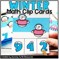 A set of winter-themed math clip cards with cartoon images of snowmen and numbers, designed for kindergarten addition and counting activities.
