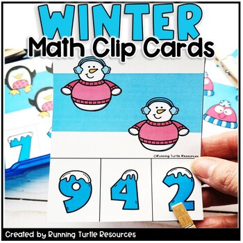 A set of winter-themed math clip cards with cartoon images of snowmen and numbers, designed for kindergarten addition and counting activities.