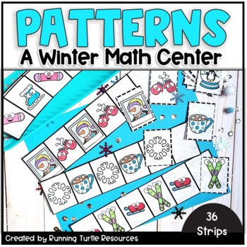 A collection of winter-themed pattern strips designed for use as a math center activity, with various colorful illustrations.