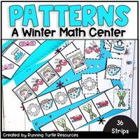 A collection of winter-themed pattern strips designed for use as a math center activity, with various colorful illustrations.