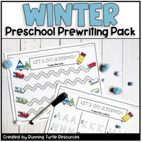 A set of winter-themed preschool writing prewriting pack, featuring various lines and letters for tracing practice.