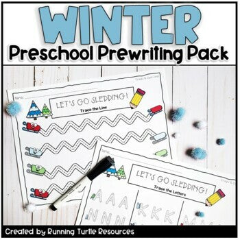 A set of winter-themed preschool writing prewriting pack, featuring various lines and letters for tracing practice.