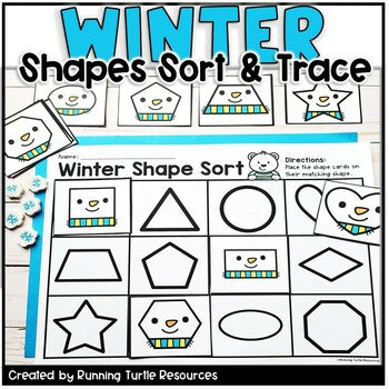 A collection of winter-themed shapes sorting and tracing activity sheets with cute animal graphics, designed for kindergarten math education.