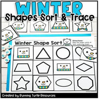 A collection of winter-themed shapes sorting and tracing activity sheets with cute animal graphics, designed for kindergarten math education.