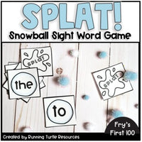 Promotional image for 'Snowball SPLAT Sight Word Game' featuring cards with snowball and sight words, designed for educational use.