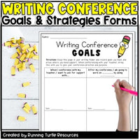 Photograph of a child writing in their goals for their writing conference with their teacher