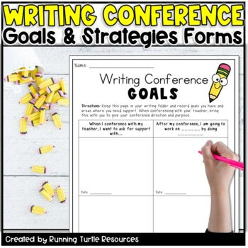 Photograph of a child writing in their goals for their writing conference with their teacher