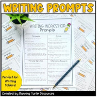 A writing prompts card displayed on a table with a pencil and a small plant in the background, indicating it is a resource for writing workshops.